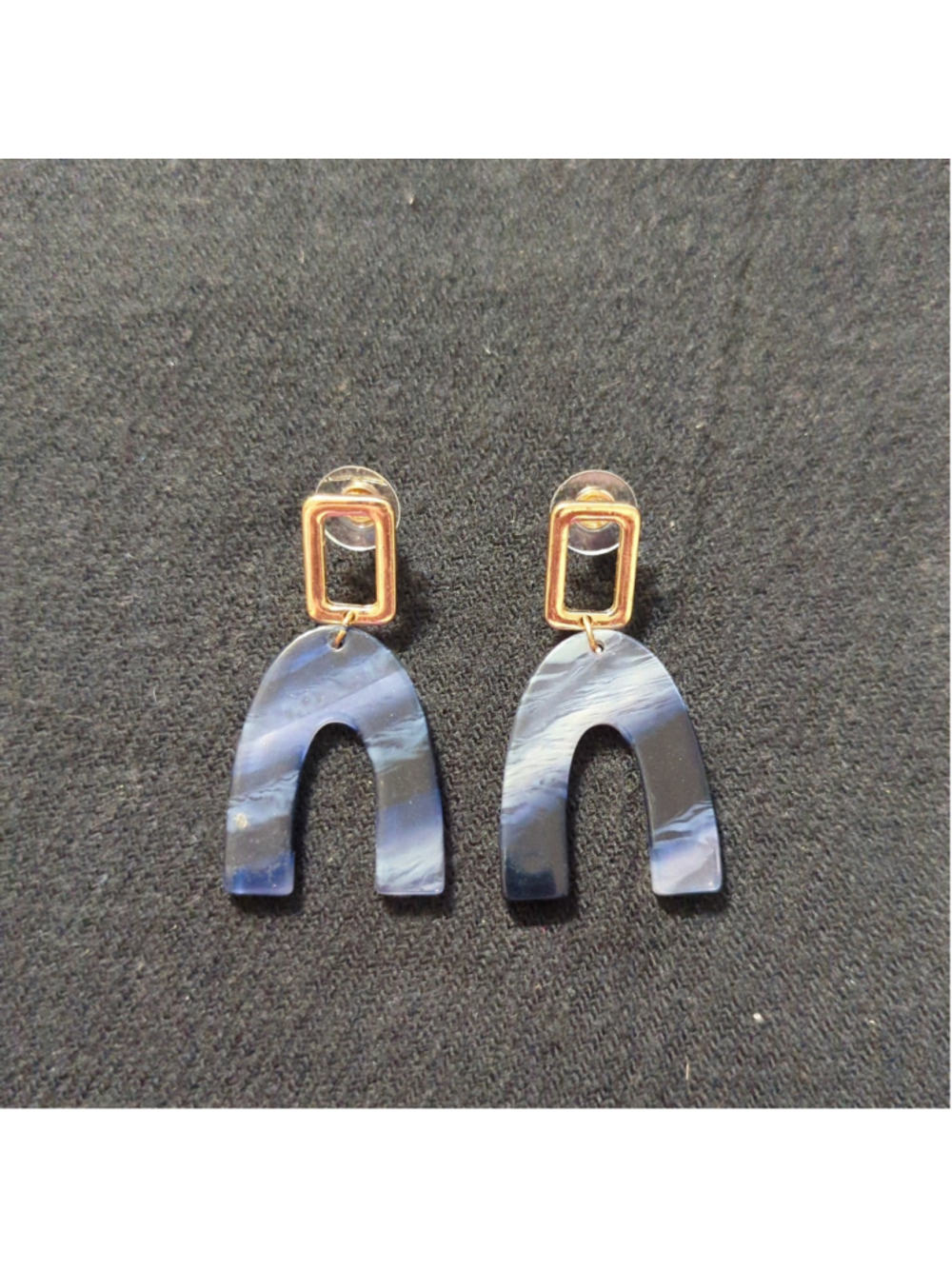 Gold Tone Blue Marbled Resin Arch Drop Statement Earrings